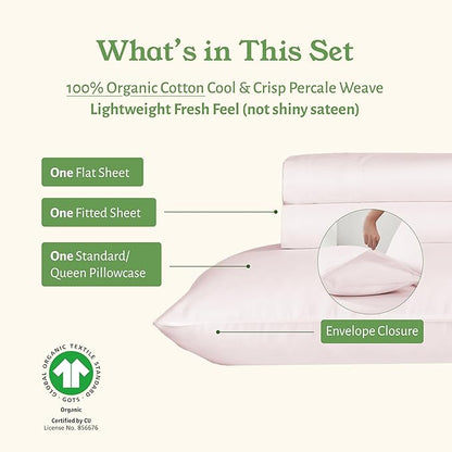 California Design Den Soft 100% Organic Cotton Sheets Twin XL Size Set - Soft and Crisp Percale, Twin XL Sheet Sets with Deep Pockets, Breathable and Durable Bedding (Pink - Chalky Tone)