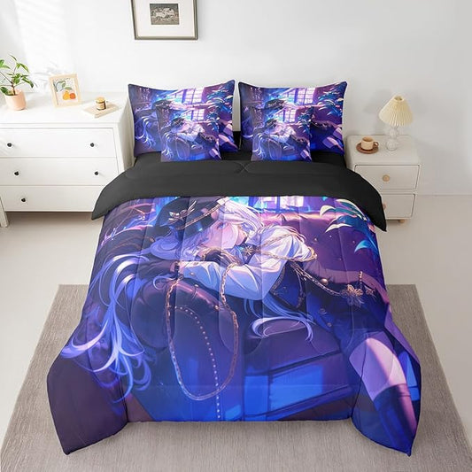Anime Girl Comforter Set With Sheets King Size Japanese Anime 7 Piece Bedding Set For Kids Boys Teens Women Bedroom Decor, Cartoon Girl Bed In A Bag Japanese Animation Kawaii Bed Sets, Purple