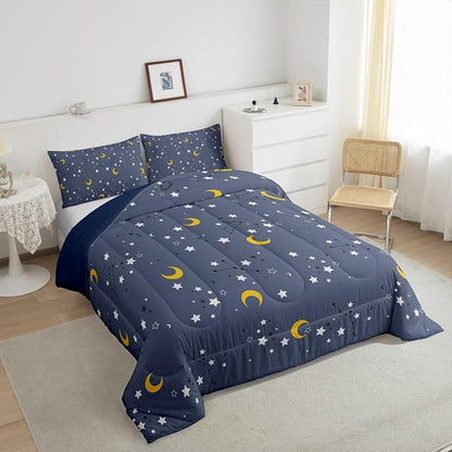 Erosebridal Moon & Stars Bedding Boys Girls 3Pcs Galaxy Comforter Set for Kids Toddler Teen, Dreamy Moon Stars Bedding Sets Constellation Space Illustration Duvet Set with 2 Pillowcases, King