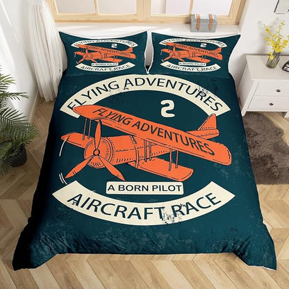 Castle Fairy Retro Aircraft Duvet Cover Twin Size,Vintage Airplane Orange Painting Bedding Set for Kids Teens,Flying Adventure Helicopter Comforter Cover Soft Quilt Cover Bedroom Decor,No Comforter