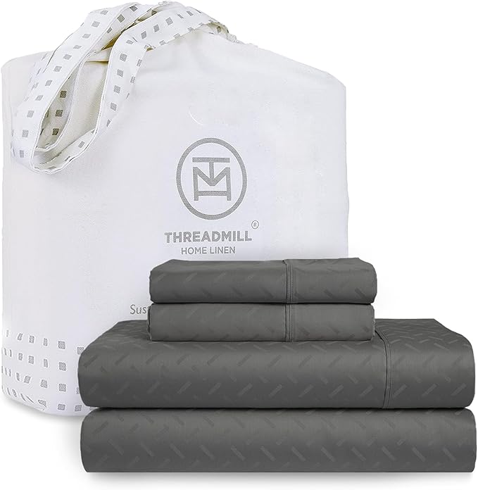 Threadmill Cotton Twin XL Sheet Set | 100% Cotton Sheets for Twin XL Size Bed | Damask Jacquard Sateen Twin XL Bed Sheets Set with 16” Deep Pocket | Soft Breathable 3-Piece Cooling Sheets | Dark Grey
