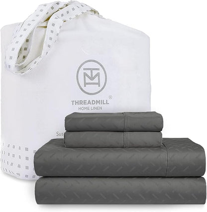 Threadmill Cotton Twin XL Sheet Set | 100% Cotton Sheets for Twin XL Size Bed | Damask Jacquard Sateen Twin XL Bed Sheets Set with 16” Deep Pocket | Soft Breathable 3-Piece Cooling Sheets | Dark Grey