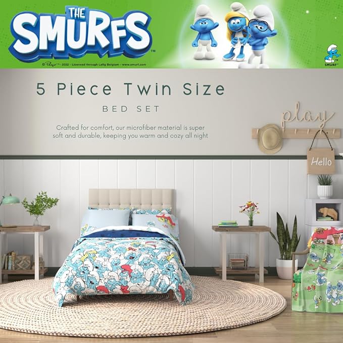 The Smurfs Kids Bedding Super Soft & Cozy Reverisble Microfiber Comforter and Sheet Set with Sham, 5 Piece Twin Size, (Officially Licensed Product) By Franco