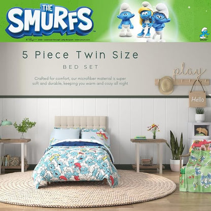 The Smurfs Kids Bedding Super Soft & Cozy Reverisble Microfiber Comforter and Sheet Set with Sham, 5 Piece Twin Size, (Officially Licensed Product) By Franco