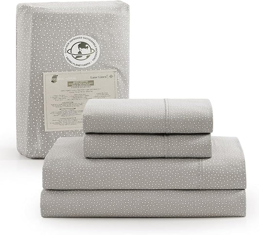 LANE LINEN 100% Organic Cotton Grey (White Dot) Full-Sheets Set 4-Piece Long Staple Percale Weave Bedding Sheets for Bed Breathable Fits Mattress Upto 15in Deep