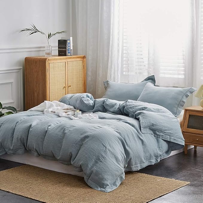 Simple&Opulence 100% Washed Linen Duvet Cover with Embroidered,3 Pieces Soft Farmhouse Comforter Set with Button Closure,1 Duvet Cover and 2 Pillowshams(Queen,Dusty Blue)