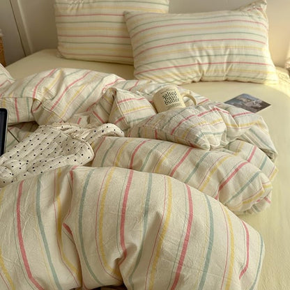 EAVD Vintage Colorful Striped Comforter Set King Soft Cotton 3-Piece Retro Vertical Striped Bedding Set with 2 Pillowcases Boho Geometric Comforter Set for All-Season(Pink&Yellow&Blue, King)