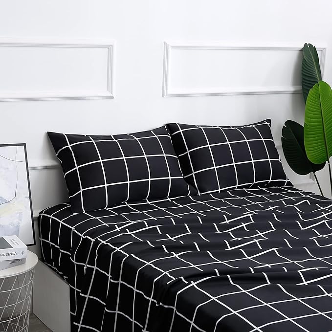 Best Season Bed Sheet Set 4 Pieces -Full Size-Soft Durable Microfiber Bedding Sheet Set,Deep Pocket,Stain,Fade & Wrinkle Resistant (Plaid Black)