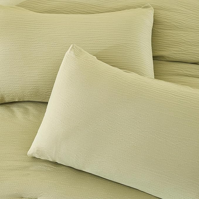 Queen Size Comforter Set Desert Sage, 3 Pieces Double-Layer Crinkle Yarn Bedding, All-Season Lightweight Warmth with 2 Pillowcases
