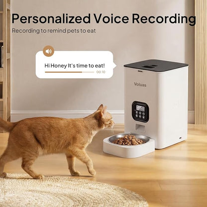 VOLUAS Automatic Cat Feeder, 4L Timed Dry Food Dispenser for Cats & Dogs | Programmable Portion Control, Up to 4 Meals Daily, Dual Power Supply, Power-Off Memory, 10-Second Voice Recorder
