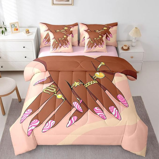 Erosebridal Romantic Makeup Themed Comforter Sets Full for Girls Fashion Girlish Sheet Set 7 Piece Black Girls Bedding Set for Kids Teens Adult Women Bedroom Afro Vogue Princess Magical Bed in A Bag