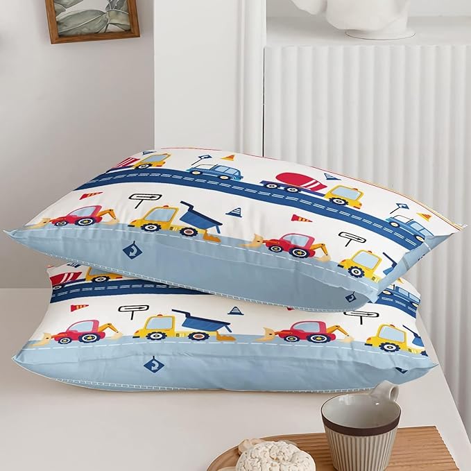 Cartoon Car Kids Comforter Set Twin,Construction Bedding Set Equipment Trucks Comforter Excavator Tractor Quilt Set with 1 Comforter 2 Pillowcases for Boys Girls Teens Adults Bedroom Decor(Blue Red)