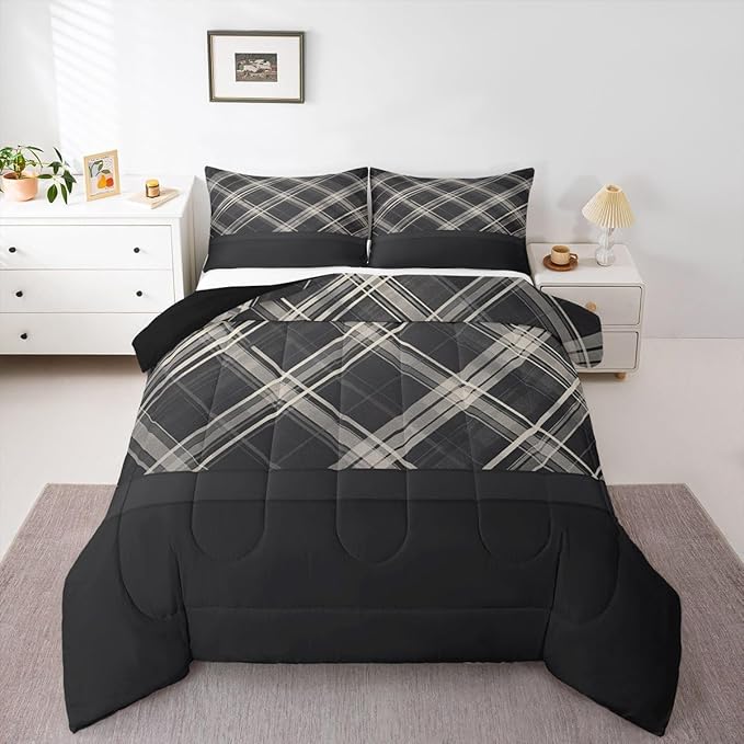 Erosebridal Grey Plaid Comforter Sets Twin,Grey Printed and Spliced Plaid Herringbone Bedding Set for Adult,Farmhouse Grey Quilt Set,Modern Simple Lattice Duvet Insert with 1 Pillowcase Lightweight