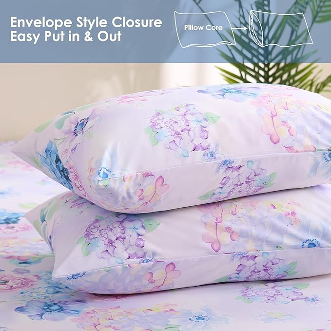 JSD Purple Hydrangea Floral Sheet Set Cal King, 4 Piece Printed Microfiber Bed Sheets Deep Pocket
