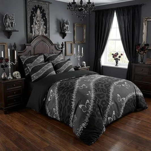 Black Leopard Print Comforter Set King Size,Grey Butterfly Bedding Set with 2 Pillowcases for Adult Women - 3 Pieces Soft Fluffy Breathable Microfiber/Great Bedroom Decor,(104 * 90)