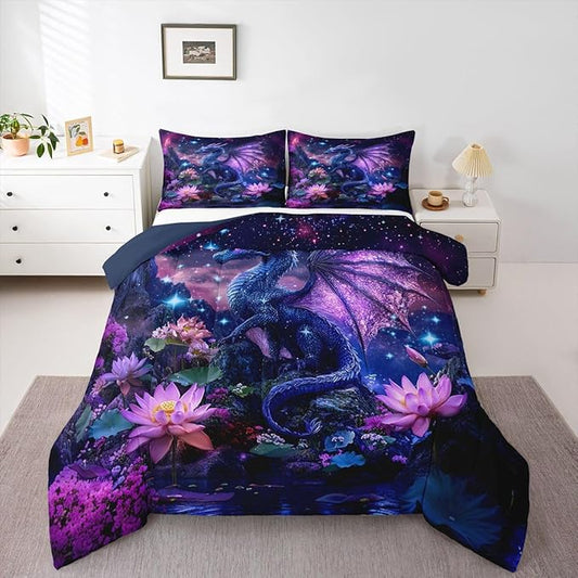 Feelyou Dragon Comforter Set Queen Size Dragon Stuff Bedding Set for Kids Boys Girls Wild Life Duvet Quilt Magic Wildlife Bedroom Decor Dull Purple Microfiber 3 Pcs with 2 Pillow Cases