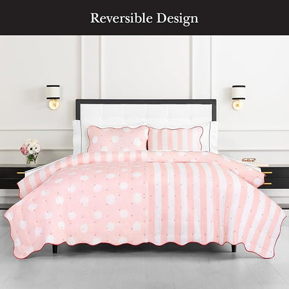 kate spade new york Stripe Dot 2-Piece Twin Quilt Bedding Set, 100% Cotton Reversible Cover, All Season Warmth Bedding, Machine Washable, Pink