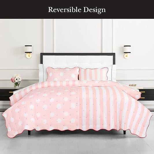 kate spade new york Stripe Dot 3-Piece King Quilt Bedding Set, 100% Cotton Reversible Cover, All Season Warmth Bedding, Machine Washable, Pink