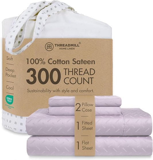 Threadmill Cotton Queen Sheet Set - 100% Cotton Damask Jacquard Sheets With 16" Deep Pocket - Soft Sateen Weave 4-Piece Cooling Bedding for Queen Size Bed - Lilac