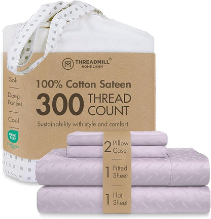 Threadmill 100% Cotton Sheets for King Size Bed | 4 Pc King Bed Sheets Set | Soft, Breathable Lightweight Damask Sateen for All-Season Use | Snug Fit Elastic Deep Pocket King Sheets | Lilac