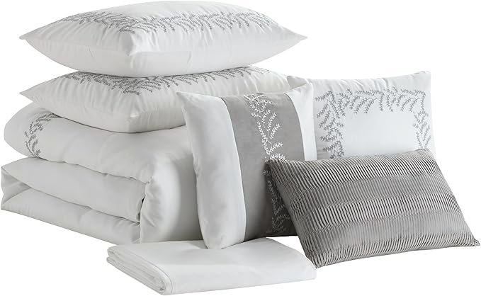King Size Comforter Set 7-Piece Embroidered Faux Suede Bedding – Soft, Elegant & Complete Bedding Set with 1 Comforter, 2 Pillow Shams, 1 Bed Skirt, and 3 Decorative Throw Pillows, King, White
