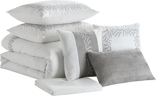 King Size Comforter Set 7-Piece Embroidered Faux Suede Bedding – Soft, Elegant & Complete Bedding Set with 1 Comforter, 2 Pillow Shams, 1 Bed Skirt, and 3 Decorative Throw Pillows, King, White