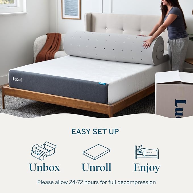Lucid 4 Inch Bamboo Charcoal Infused Memory Foam Mattress Topper - King Size – Moisture and Odor Control - Ventilated - Ultra Plush Feel, Pressure-Relief Bed Topper – CertiPur Certified