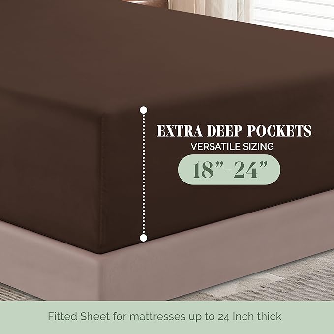Elegant Comfort Luxurious 1500 Premium Hotel Quality Microfiber 4-Piece Sheet Set, 18-24 Inches Deep - Extra Deep Pocket Sheets - Ultra Soft 4PC Deep Pocket Sheets, California King, Chocolate Brown