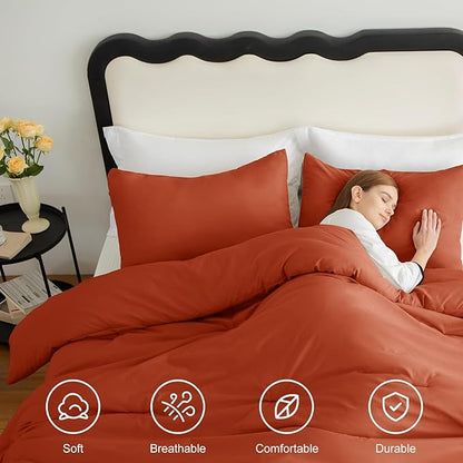CozyLux Full Size Comforter Set Terracotta, 3 Pieces Burnt Orange Rust Solid Breathable Fall Bedding Sets, Luxury Lightweight Soft Bed Set with Down Alternative Comforter and 2 Pillowcases All Season
