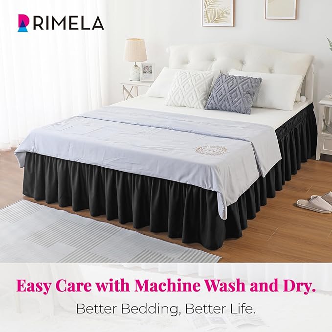 RIMELA Black Bed Skirt King Size 18 Inch Drop, Elastic Bed Skirting for Bed Base and Frame, Bedding Dust Ruffle Easy to Install, Lightweight Wrap Around Adjustable Bedskirt