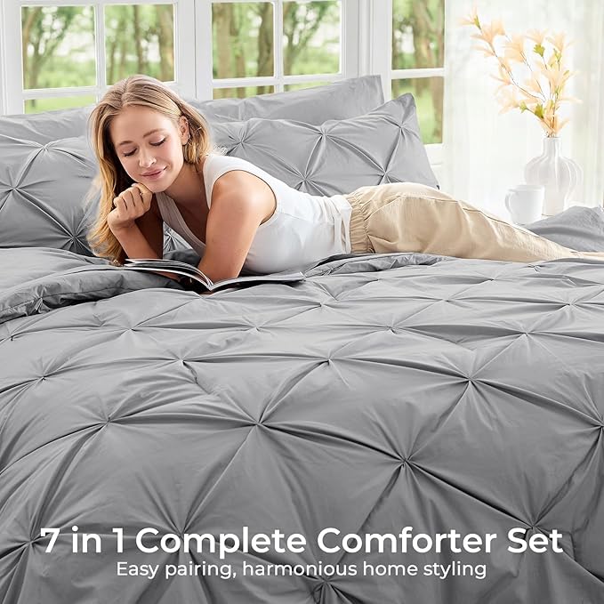 Sasttie King Size Comforter Set, 7-Piece Bed in a Bag, Pintuck Bedding Sets for All Season, Includes Comforter, Flat Sheet, Fitted Sheet, Pillowcases and Pillowshams, Light Grey