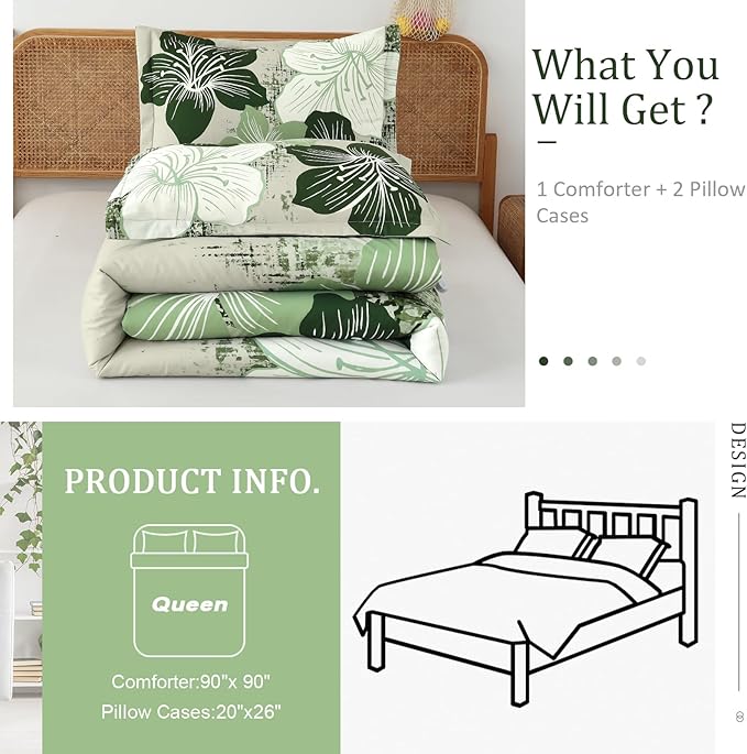 Menghomeus Floral Comforter Set Queen Ombre Green Bedding Lightweight Microfiber Bed Comforter for All Season, 3 Piece Flowers Comforter with 2 Pillowcases