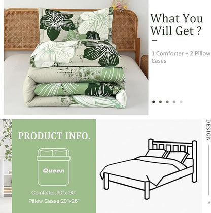 Menghomeus Floral Comforter Set Queen Ombre Green Bedding Lightweight Microfiber Bed Comforter for All Season, 3 Piece Flowers Comforter with 2 Pillowcases