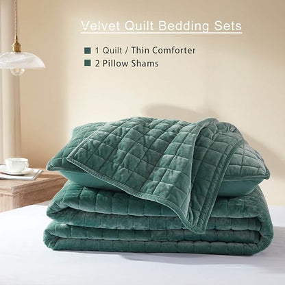LEAONME Velvet Quilt King Size-98''x106'', Lightweight Aqua Green Velvet Comforter Set with 2 Pillow Shams, Soft Bedspread Coverlet Quilted Bedding Set for All Season
