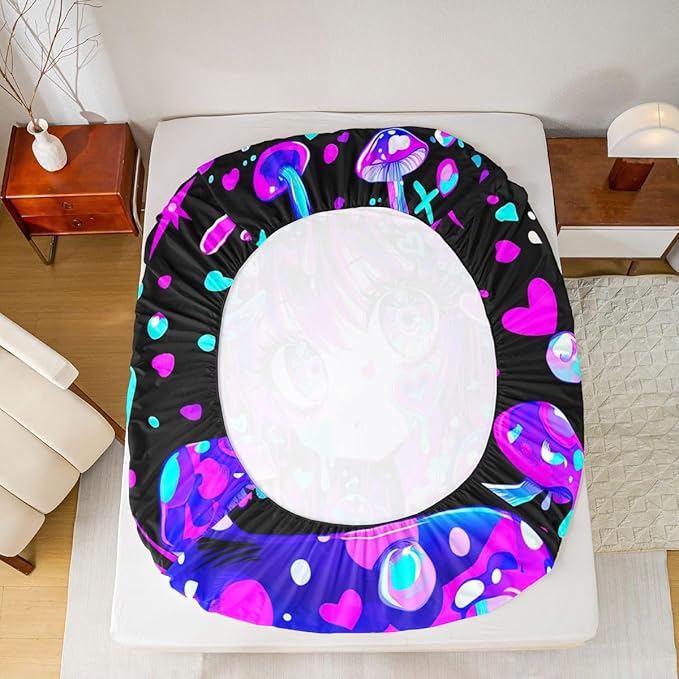 Erosebridal Japanese Girl Fitted Sheet for Boys Girls Kids Cartoon Girly Queen Bed Sheets,3D Anime Gifts Sheets Colorful Graffiti Print Bedding Sets, No Top Sheet