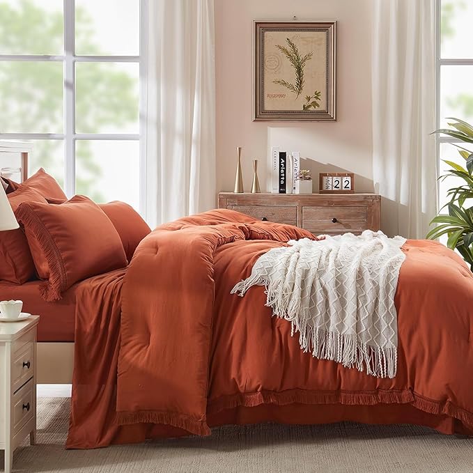 Andency Oversized King Comforter Set Terracotta 120x98-7 Pieces Boho Tassel Bed in a Bag Soft Lightweight Bedding Sets, Fringe All Season Bed Set with Comforter, Sheets, Pillowcases & Shams