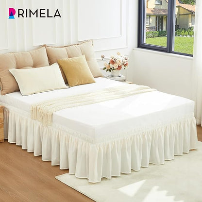 RIMELA Cream King Size Bed Skirt 15 Inch Drop, Elastic Bed Skirts Cal King Dust Ruffle, Bedskirt for Adjustable Bed Base Solid Fade Resistant Silky Fabric Machine Washable Easy to Install