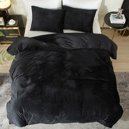Ivellow Velvet Duvet Cover King Set Black Velvet Duvet Cover King Comforter Cover 3Pcs Ultra Soft Duvet Cover Breathable Solid Luxury Flannel Velour Duvet Cover Zipper Closure Corner Tie