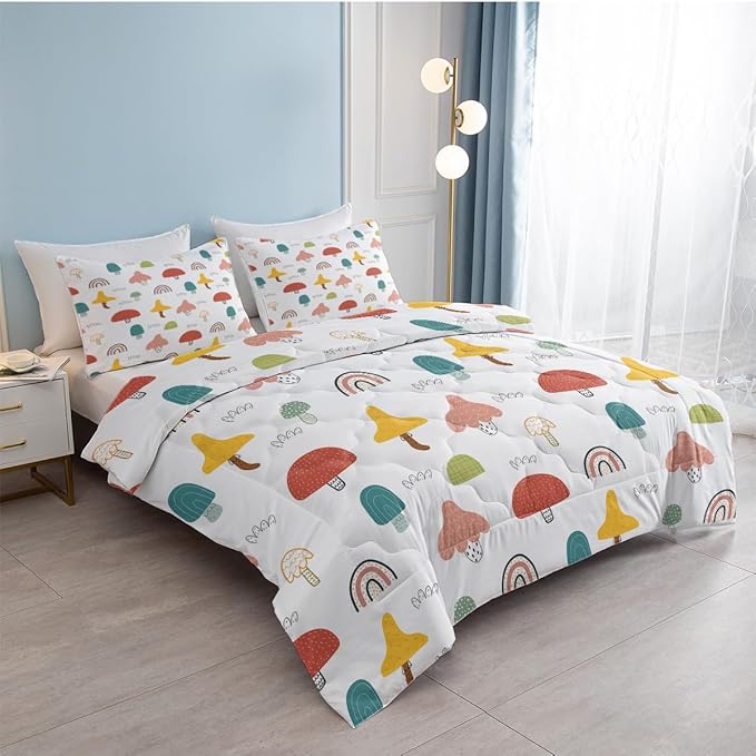 SOULZZZ Girls Rainbow Mushroom Comforter Colorful Trippy Cartoon Mushroom Bed Set Twin Size for Kids Boys Teens Wild Garden Plant Rainbow Kawaii Bedding Set with 2 Pillowcases