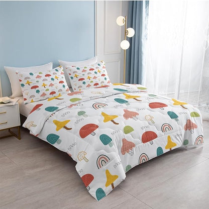 SOULZZZ Girls Rainbow Mushroom Comforter Colorful Trippy Cartoon Mushroom Bed Set Twin Size for Kids Boys Teens Wild Garden Plant Rainbow Kawaii Bedding Set with 2 Pillowcases