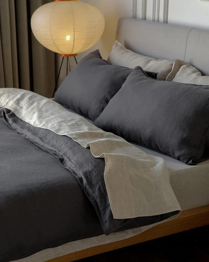XZ XIFA 100% Linen Bedding Set: Cooling & Breathable King Size Duvet Cover in Dark Grey. Made from Natural Washed French Flax for a Soft, Textured Feel. Complete with 1 Cover and 2 Pillowcases