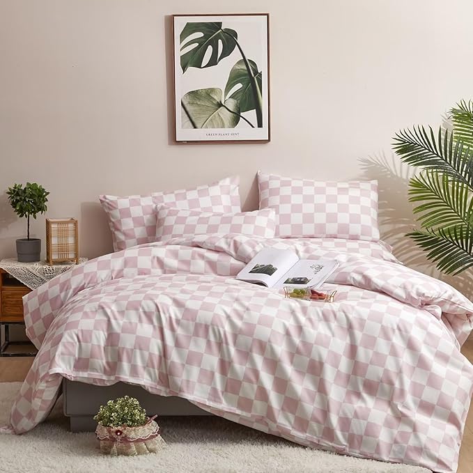Houseri Pink Plaid Comforter Set Full White and Light Pink Buffalo Checkered Bedding Full Size Teen Girls Baby Pink Checkerboard Dorm Bed Quilt Soft Comfy Preppy Pale Pink Grid Comforters Full