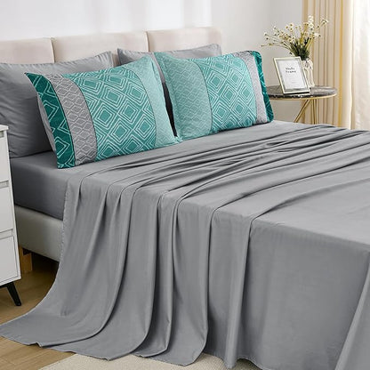 Dinjoy Queen Comforter Set Boho, Soft Teal Striped 7 Piece Bed in a Bag Queen Size Warm Blue Green Bedding Sets Plaid Comforters Bed Set with Sheets for Family Fall Winter