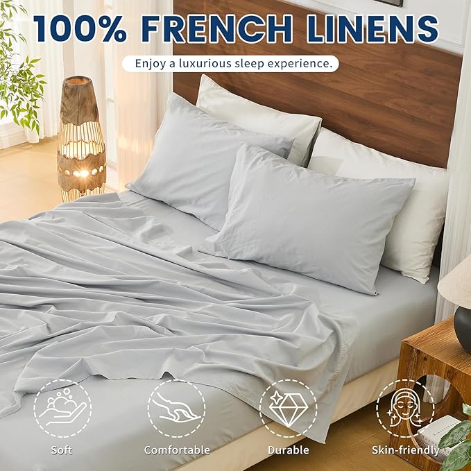 Bedlifes 100% French Pure Linen Sheets Queen Size Breathable and Cooling Flax Sheet Set Soft Durable and Moisture Wicking 16 Inch Deep Pocket-4 Piece(Queen,Grey)