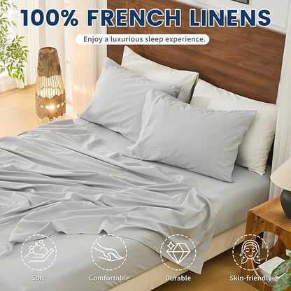 Bedlifes 100% French Pure Linen Sheets King Size Breathable and Cooling Flax Sheet Set Soft Durable and Moisture Wicking 16 Inch Deep Pocket-4 Piece(King,Grey)