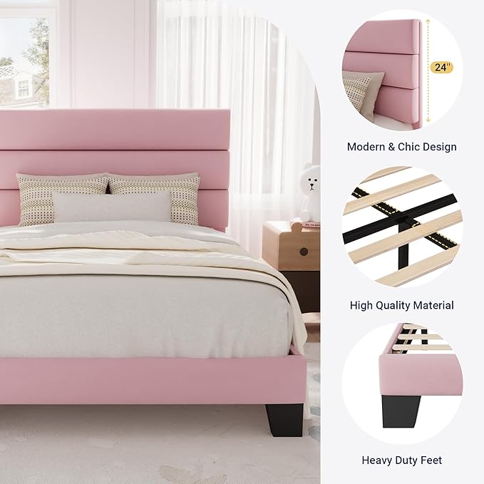 Allewie Twin Size Platform Bed Frame with Velvet Upholstered Headboard Pink | Wooden Slats Support, Fully Upholstered Mattress Foundation, No Box Spring Needed, Easy Assembly, Noise-Free, Pink