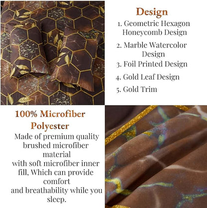 ANGIYUIN Brown Gold Comforter Sets King Size, Geometric Hexagon Bedding Sets, 7 Pieces Marble Comforter Honeycomb Bed in A Bag, Foil Print Bed Sets for Women Men(Brown, King)