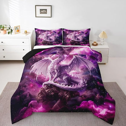 Dragon Kids Comforter Set King Size,Western Magical Dragon Bedding Set for Boys Teens Adults Room Decor,Animal Galaxy Nebula Duvet Insert 3Pcs,Glitter Starry Sky Wildlife Quilt Set,2 Pillowcases
