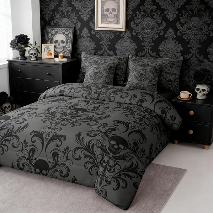 Erosebridal Gothic Damask Comforter Set 7 Piece Bed in a Bag Twin,Sugar Skull Bedding Sets Black Grey Victorian Floral Goth Sheet Set with Comforter