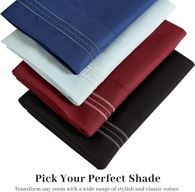 YIYEA Pillow Cases Queen Size Set of 4, Ultra Soft 1800TC Hotel Quality Double Brushed Microfiber Embroidered Pillowcases, Envelope Closure, Fade Resistant (20"x30", Navy)